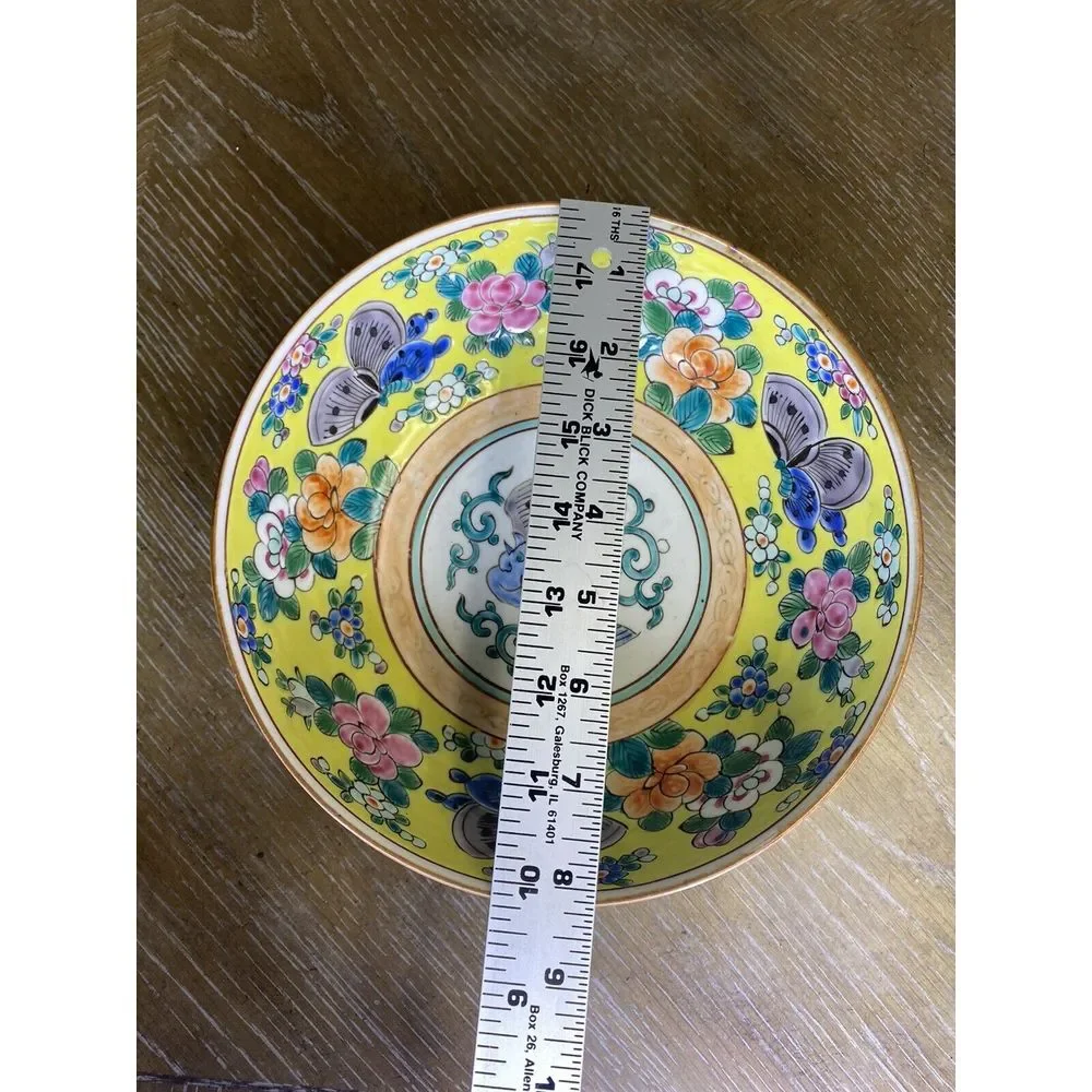 ANTIQUE NIPPON HAND PAINTED PORCELAIN FLORAL Yellow Serving BOWL Bird‎ Butterfly